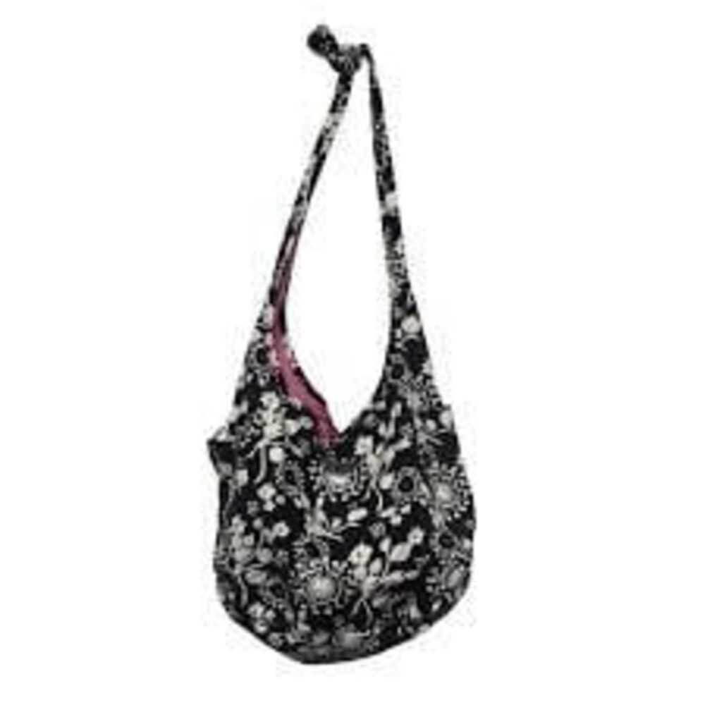 NWOT Thirty-One 100% Cotton Black White Floral Pink Reversible Hobo Bag